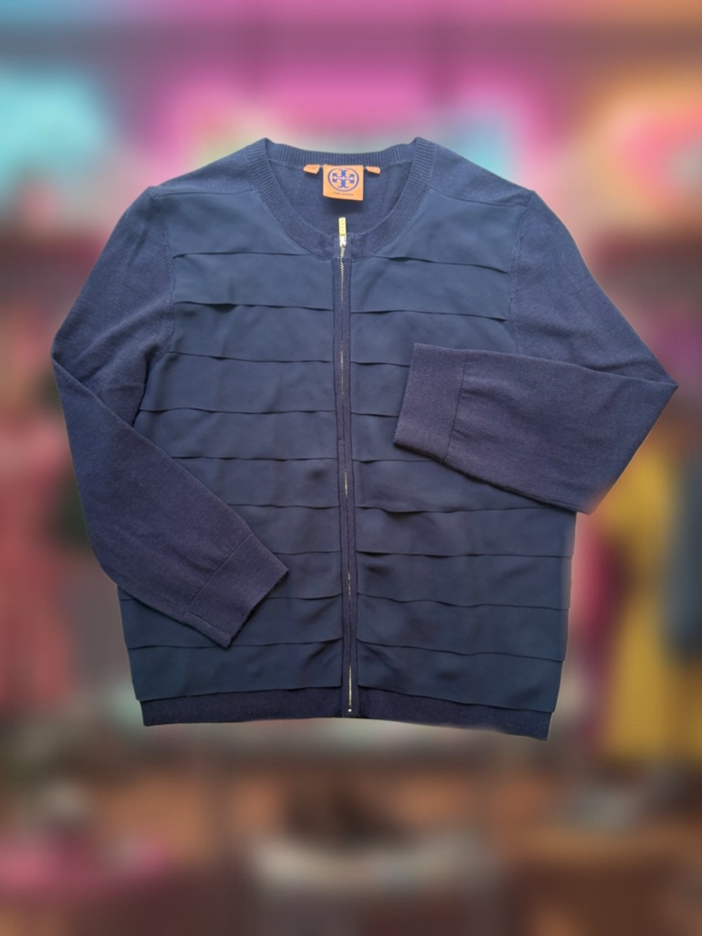 Tory Burch Merino Wool Silk Front Zip Cardigan Size M